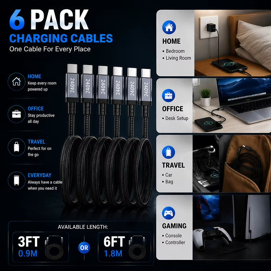 Vyvylabs 6er-Pack USB-C auf USB-C Kabel 240W geflochten, Schwarz, für schnelles Laden von iPhone 17 16 15 Pro Max, Galaxy S25 S24 und MacBook - Bild 2