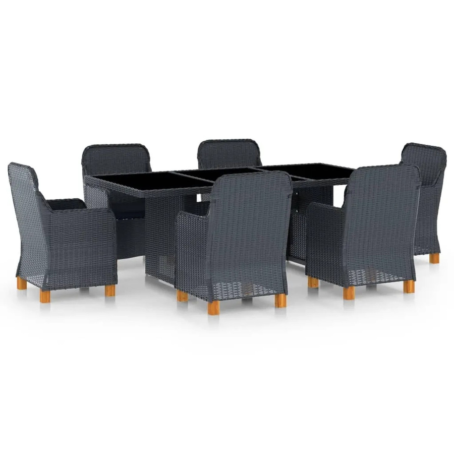 vidaXL 7-tlg Garten-Essgruppe aus Poly Rattan und Akazienholz in Dunkelgrau mit Hartglas-Tischplatte - Bild 2