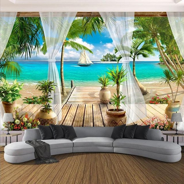 Moderne 3D-Wandmalerei LILOKKO 3 mit Meerblick als Tapete für Wohnzimmer und Schlafzimmer, Mehrfarbig, Breite: 350 cm, Höhe: 245 cm - Bild 1