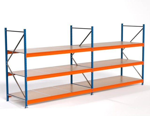 PROREGAL Industrie Weitspannregal MAXIMUS PRO Lagerregal mit 2 Feldern und 3 Spanplatten-Fachböden, Blau/Orange, H x B x T: 200 x 450 x 100 cm - Bild 1
