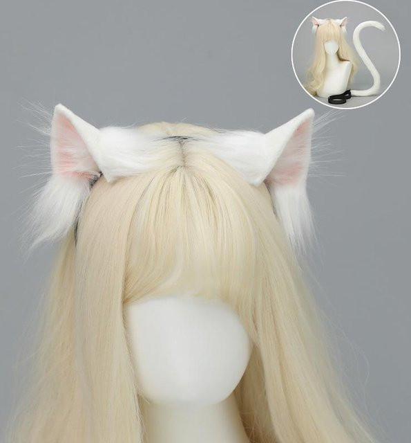 YIRAN Simulation Tierohren Katze Stirnband und Schwanz Set, Plüsch, Weiß - Bild 1
