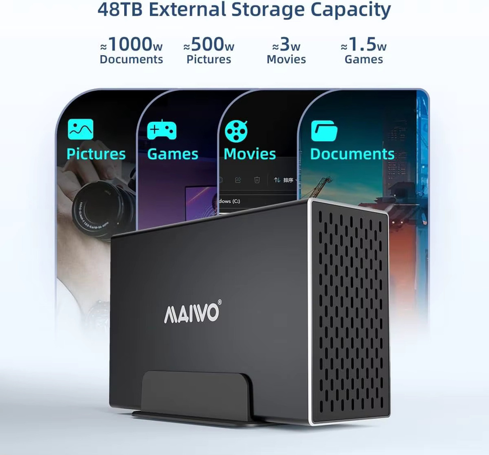 MAIWO Dual-Bay SATA RAID-Speichergehäuse für 2,5 und 3,5 Zoll HDD, 10Gbps, Schwarz - Bild 4