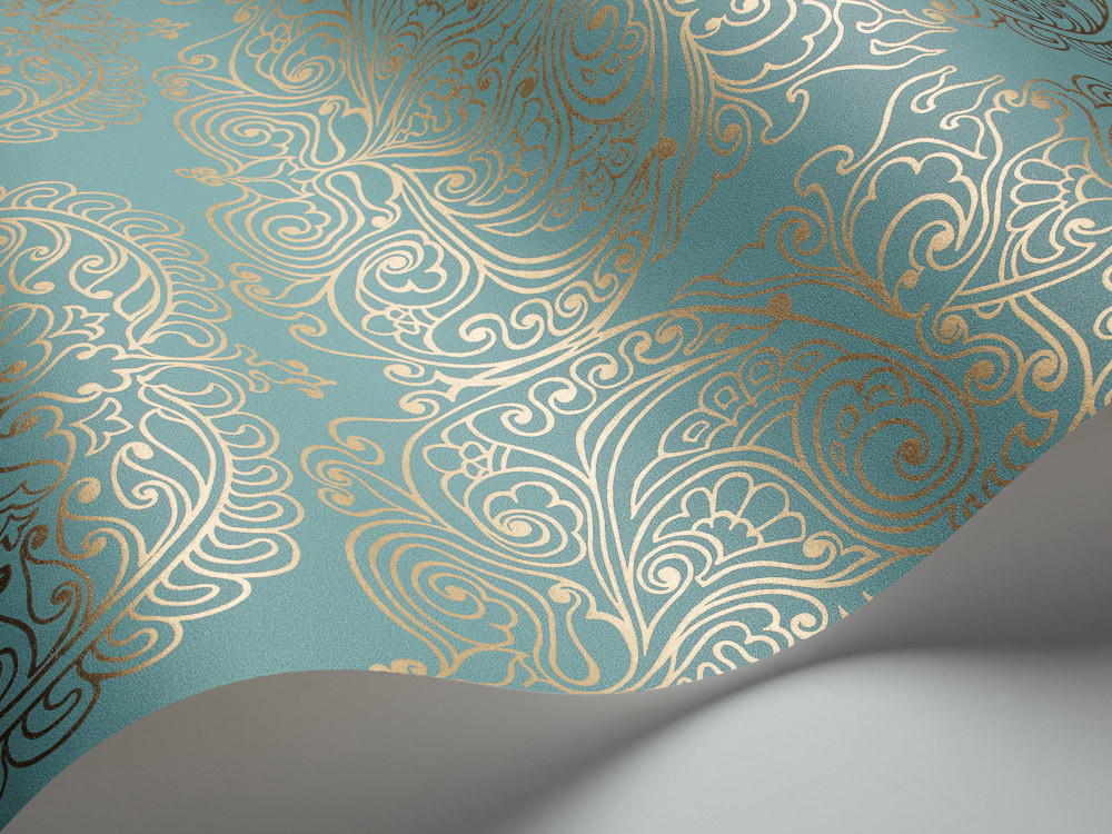 Cole & Son Tapete Alpana in Hellblau und Gold mit ethnischem geometrischem Muster aus Vlies - Bild 1