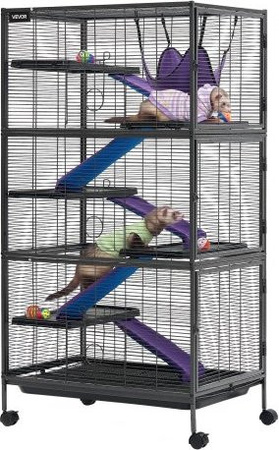 VEVOR Kleintierkäfig aus Metall für Frettchen, Chinchillas und Kaninchen, 6-stöckiges Kleintiergehege mit feststellbaren Schwenkrollen, Farbe: Schwarz/Silber, H x B x T: 149 x 80 x 52 cm