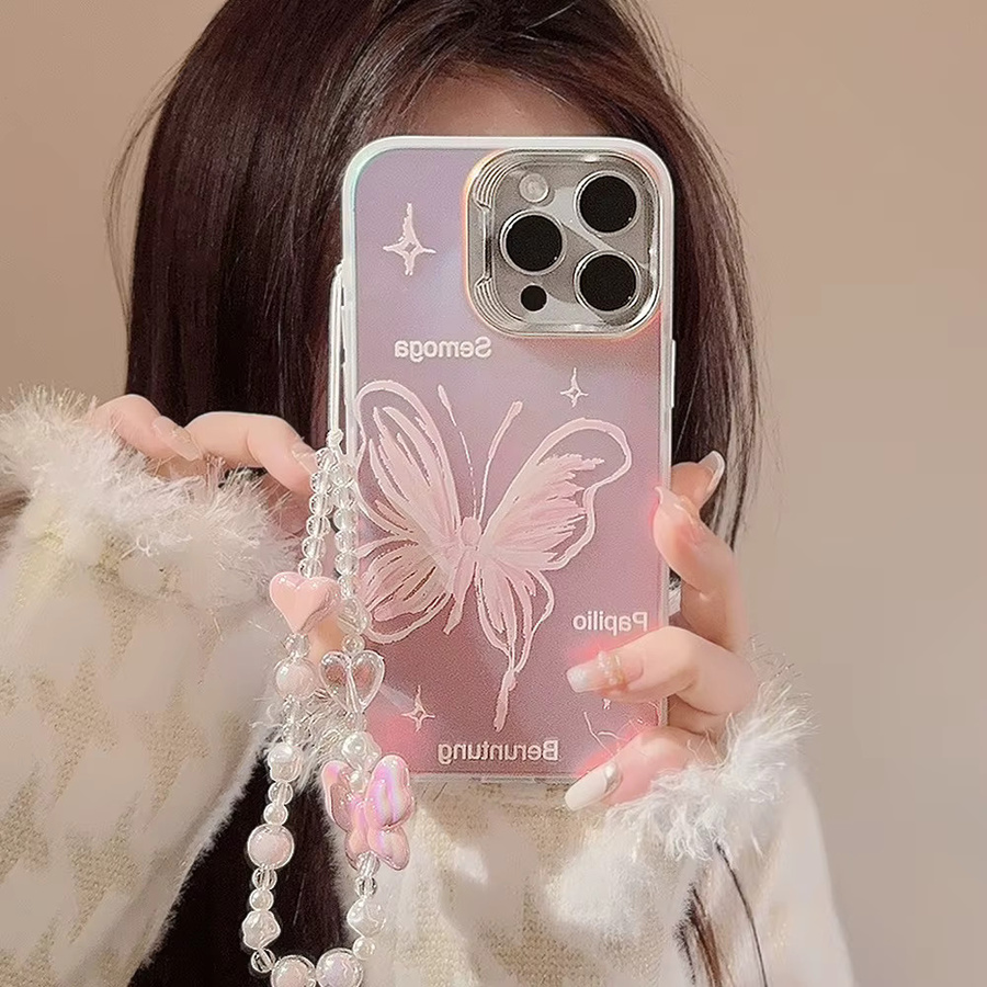 MUQGEW Laser-Handyhülle mit rosa Schmetterlingsmuster für iPhone 12 bis 17 Pro Max inklusive Armbandkette und stoßfester Hartschale - Bild 3