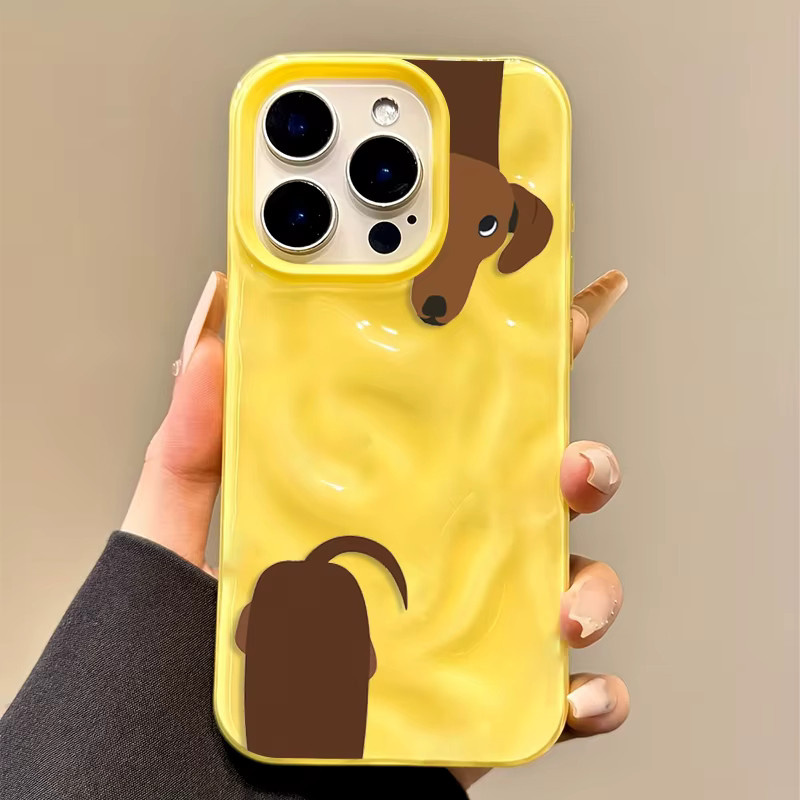Handyhülle mit Dackel-Muster und faltiger Textur für iPhone 11 bis iPhone 17 Pro Max, weiche Silikon-Rückseite, Braun und Gelb - Bild 2