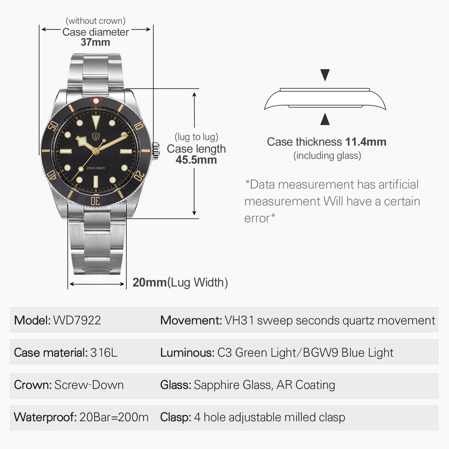 Watchdives Armbanduhr, Quarz, Edelstahl, Saphirglas, 37 mm, Herren - Bild 2