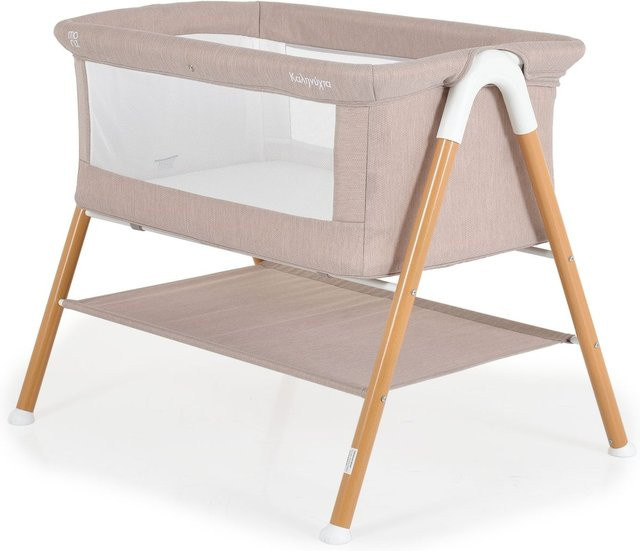 Moni Beistellbett Kalinihta aus Massivholz mit Matratze, Moskitonetz und Holzdruck in Braun und Beige - Bild 1