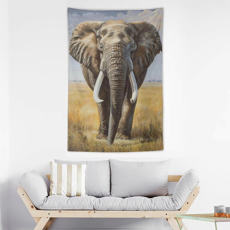 VIKAMA Wandteppich Afrikanische Savanne mit Elefanten im realistischen Ölgemälde-Stil, Mehrfarbig - Bild 3
