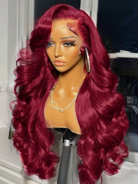 Echthaar-Perücke, 34 Zoll, Burgunderrot, 250% Dichte, Body Wave, HD Lace Frontal - Bild 1