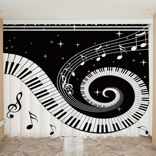 Yiran Furniture Musiknoten Vorhänge mit Klavier, Schlagzeug, Violine und Gitarre, halbtransparent, Polyester, Breite: 100 cm, Höhe: 130 cm - Bild 1