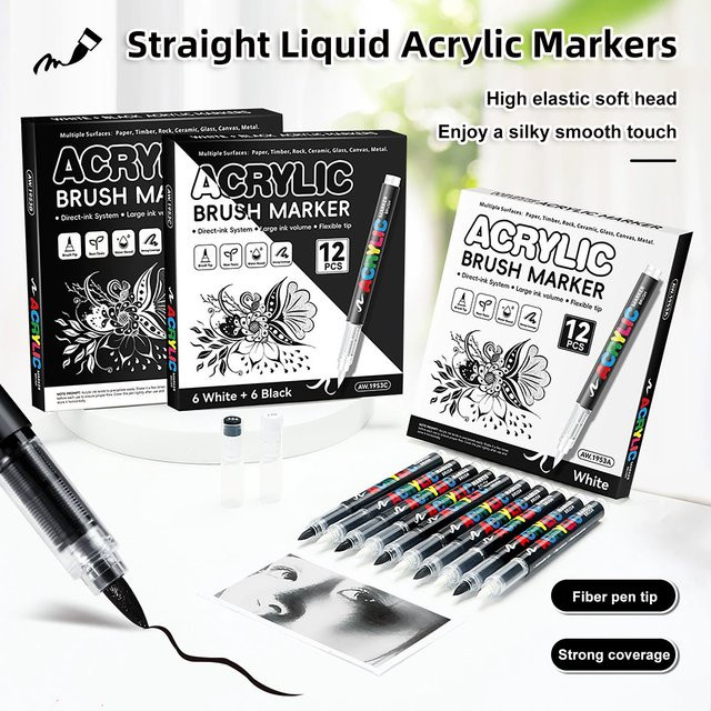 Acryl-Farbmarker Set mit Pinselspitze und Tintenkontrollsystem, 12 Stück in Schwarz und Weiß für Leinwand und Bastelarbeiten - Bild 1