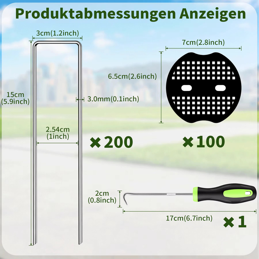 Verzinkte U-förmige Erdanker aus Metall mit 100 Unterlegscheiben für Garten, Mulch und Kunstrasen, Silber, 200 Stück, B/H/T: 15 x 3 x 0,3 cm - Bild 7