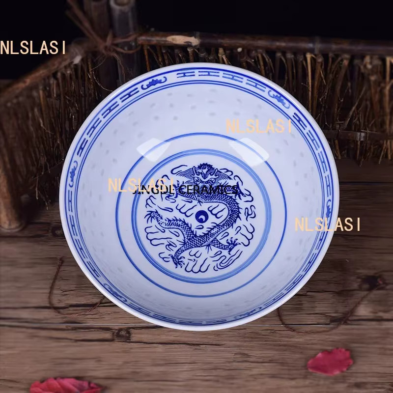 JINGDE CERAMICS Porzellan Suppenschüssel mit Drachenmuster in Blau und Weiß - Bild 3