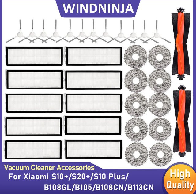 WINDNINJA Ersatzteile Set mit Pinsel, Filter und Mopp-Tüchern kompatibel mit Xiaomi S10 Plus, S20 Plus, B108GL, B105, B108CN und B113CN Roboterstaubsauger - Bild 1