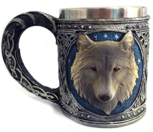 Edelstahl Becher mit Wolfskopf-Design aus Harz in Grau, 450 ml - Bild 1