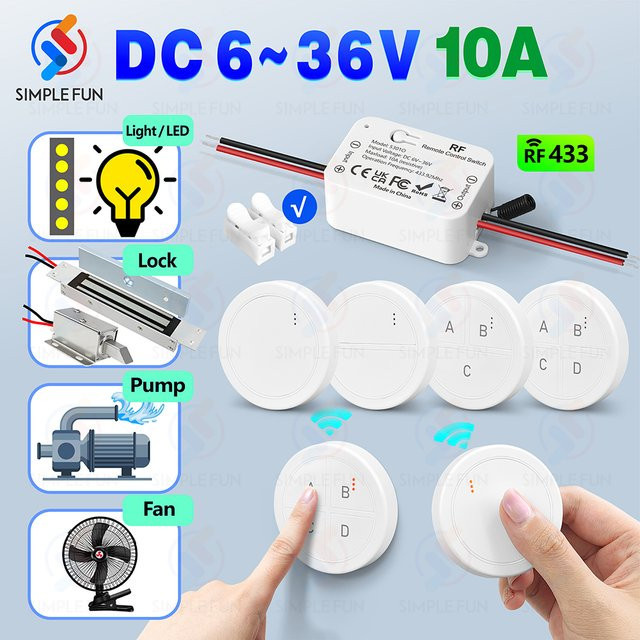 SLMPLEFUN Drahtloser RF 433 MHz Lichtschalter mit Mini Runde Fernbedienung, DC 6V 12V 24V 36V 10A Relais für LED, Pumpe, Lüfter und Magnetschloss, Farbe: Weiß - Bild 1