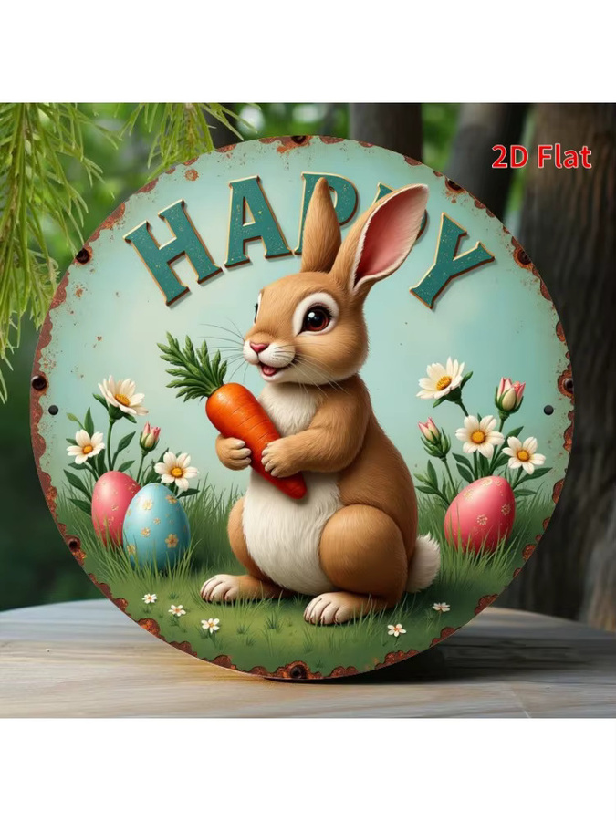 HELLOYOUNG Vintage-Osterdeko Metallschild rund mit Osterhasen und Blumen, Durchmesser: 20 cm, Mehrfarbig - Bild 4