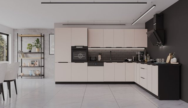 Winkelküche ARONA Eckküche in Kaschmir Beige und Schwarz matt - Bild 1