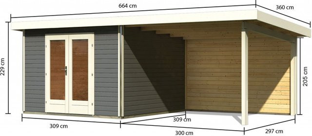 Gartenhaus aus Holz RADEBURG 1 in Terragrau mit Anbaudach und Rückwand, B/T: 309 x 309 m - Bild 1