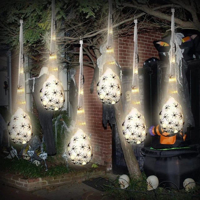Leuchtendes Halloween Spinnenei zur Dekoration für Innen und Außen in Weiß und Lila - Bild 1