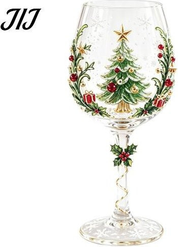 Handbemaltes weihnachtliches Weinglas von Zephyrfgg in verschiedenen Motiven wie Schneemann, Elch oder Weihnachtsbaum, transparent mit roten und blauen Akzenten - Bild 1