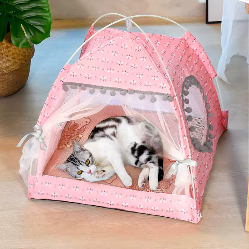 KEMORELA Katzen-Zelt Broken Flower in Grau oder Pink mit floralem Design als halbgeschlossenes Haustiernest für Hunde und Katzen - Bild 1