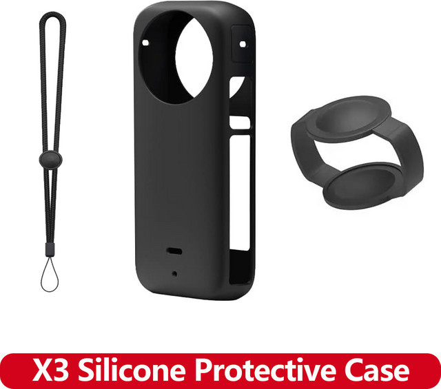 EXSKOF Silikonhülle für Insta360 X3 in Schwarz mit Objektivkappe und Trageband, kratzfest und stoßfestes Zubehör für deine Action-Kamera - Bild 1
