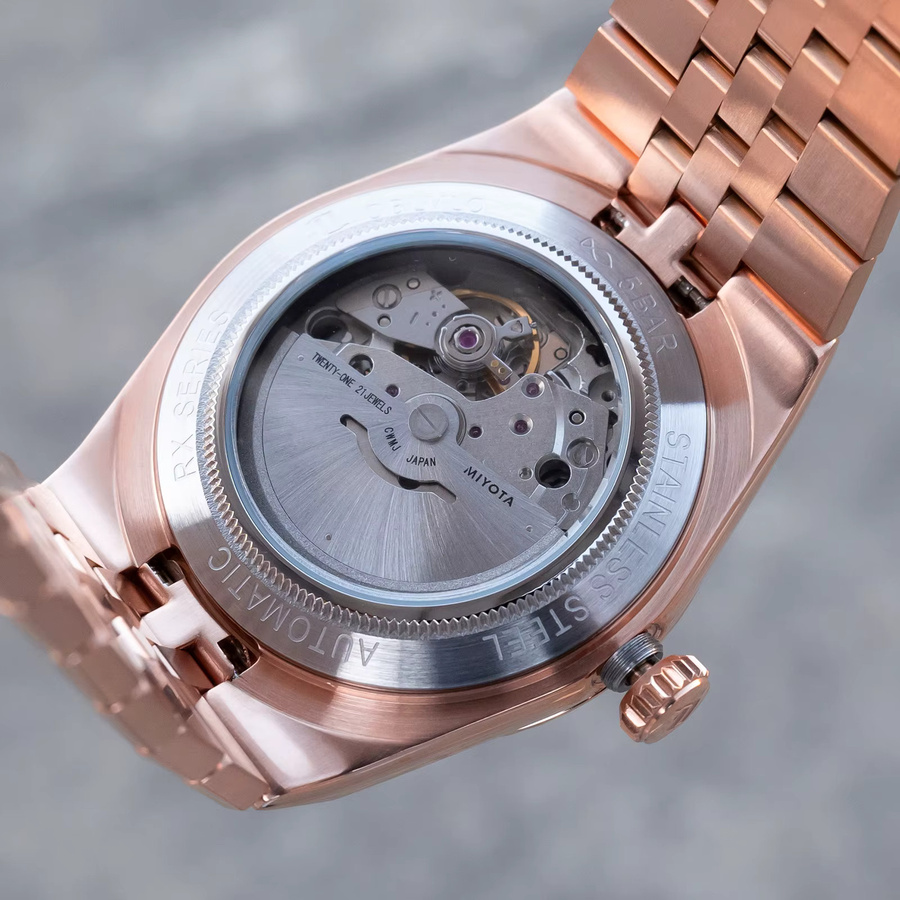 OBLVLO Armbanduhr Herren, Automatik, Roségold, braunes Zifferblatt, Edelstahl, Vintage - Bild 4