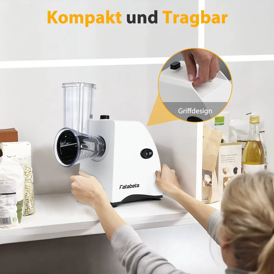 Fatabeta 5-in-1 Elektrischer Gemüseschneider in Weiß, 250W Küchenhelfer zum Hacken, Schneiden und Raspeln mit 4 Klingen für Zwiebeln, Karotten, Käse und Nüsse, BPA-frei - Bild 6