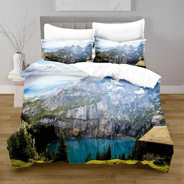 See Bettbezug-Set mit Berggipfel und Steinmuster in Blau aus Mikrofaser, B/H: 180 x 210 cm - Bild 1