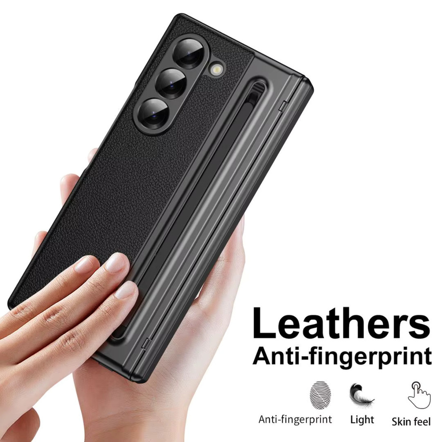 veekhool Leder-Handyhülle mit S Pen Halterung, Scharnierschutz und Displayschutz für Samsung Galaxy Fold6, Fold5 und Fold4 in Schwarz und Gold - Bild 5