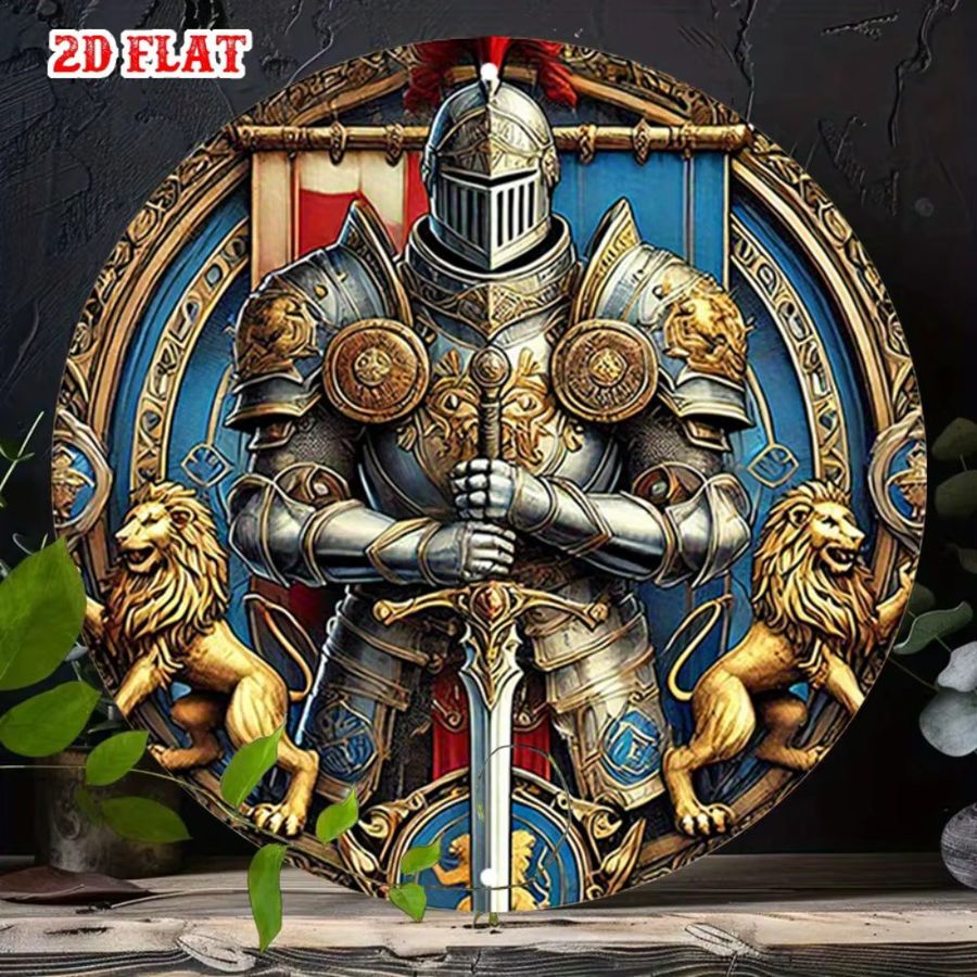 HELLOYOUNG Vintage Knightly Valor Metall-Wandkunst Aluminiumschild mit goldenen Löwen und blauem Schild, rahmenlos, B/H: 20 x 20 cm - Bild 5