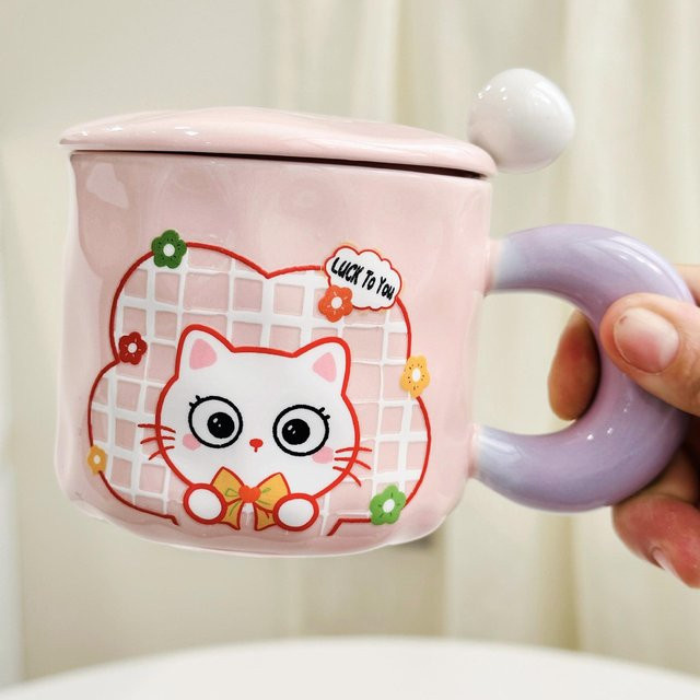 Keramiktasse mit Deckel und Löffel von Yiran Furniture, floral, Pink, 420 ml - Bild 1