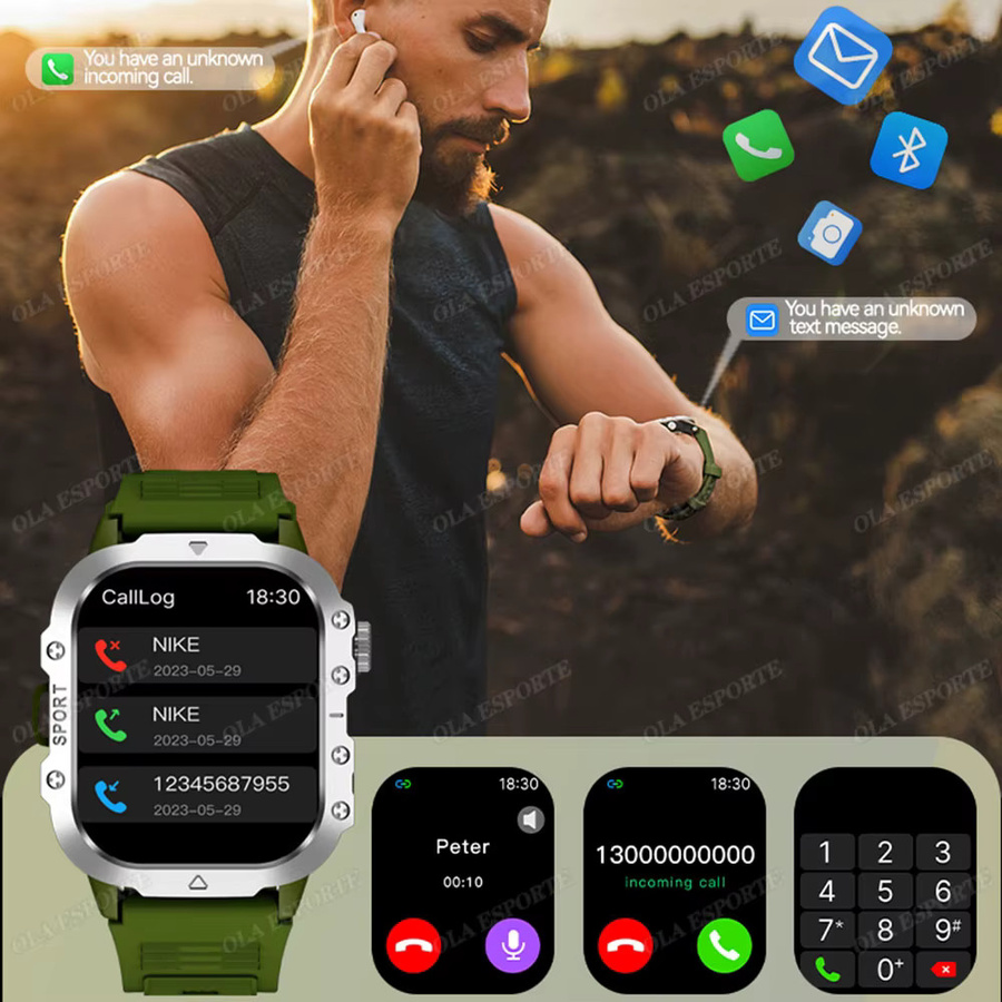 Ola Esporte Outdoor-Sport-Smartwatch mit 2,01 Zoll HD-Bildschirm, Bluetooth-Telefonie und LED-Taschenlampe in Braun - Bild 3