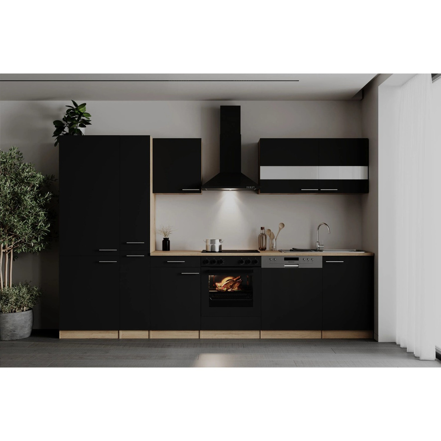 Respekta Küchenzeile Merle in Schwarz mit Eiche Sägerau Nachbildung, modern mit Glastüren und Soft-Close-Funktion, Breite: 310 cm - Bild 2