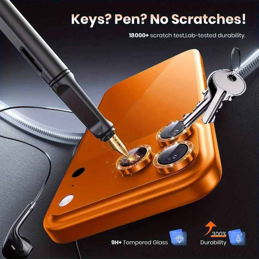 NNBILI 6/9-teiliger Luxus-Kameraobjektivschutz für iPhone 17 Pro und iPhone 17 Pro Max mit 9H gehärtetem Glas und Glitzer-Metallring in Gold oder Orange - Bild 2