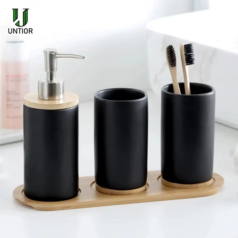 Untior Badezimmer Zubehör Set aus Keramik mit Seifenspender, Zahnbürstenhalter und Tumbler in Grau und Weiß - Bild 5