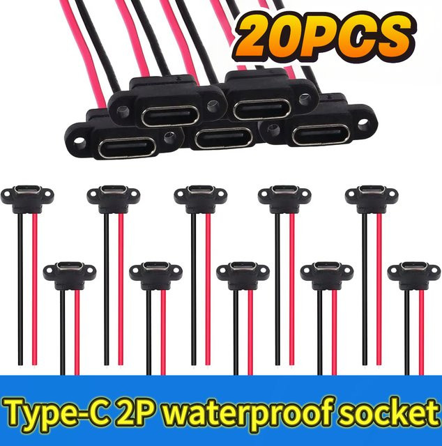 USB 3.1 Type-C Weibliche Chassis-Buchse mit 2 Pins und Gummiring, Wasserdichter 3A Schnelllade-Stecker in Schwarz, Lötanschluss für Elektronik und DIY-Projekte - Bild 1