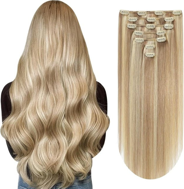 CC YOUNG Clip-in-Haarverlängerungen, Echthaar, Balayage, gemischtes Bleichblond, 120 g, 7 Stück - Bild 1
