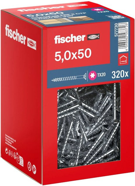 Fischer PowerFast II Senkkopf Schraube mit Torx-Antrieb und Teilgewinde aus verzinktem Stahl, Farbe: Silber, Durchmesser: 5 mm, Länge: 50 mm, 320 Stück - Bild 1