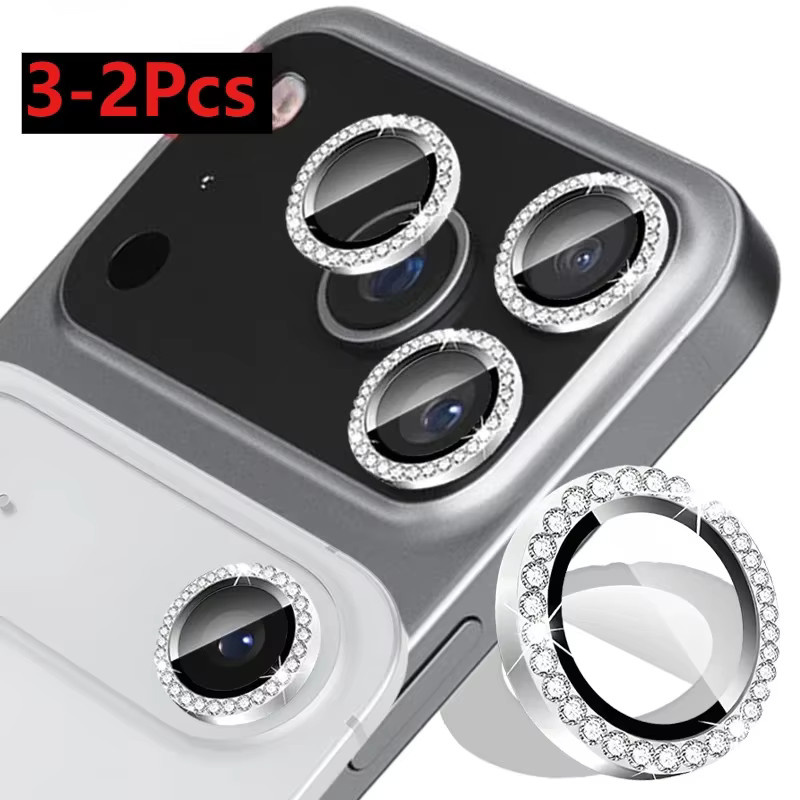 Apple Kameraobjektiv Schutzabdeckung und Display Schutzfolien Set mit Bling Diamant Design für iPhone 17 Pro Max, 16, 15 und 14 Pro Max in Silber - Bild 2