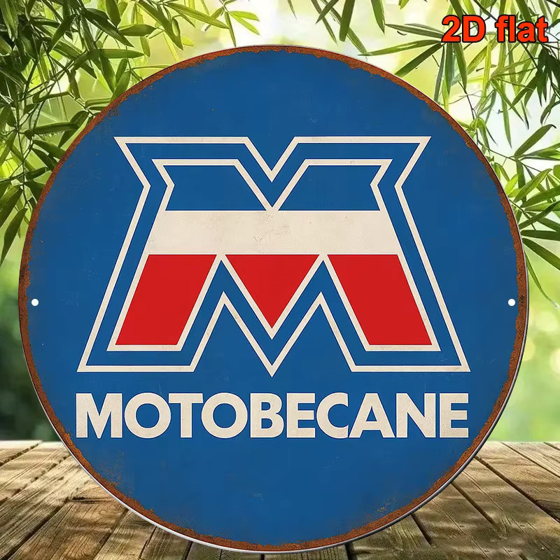 Vintage Motobecane Motorrad Metallschild von Potdemiel, rundes Retro-Garage-Dekor in Rot, Blau, Weiß und Schwarz, Durchmesser: 20 cm - Bild 3