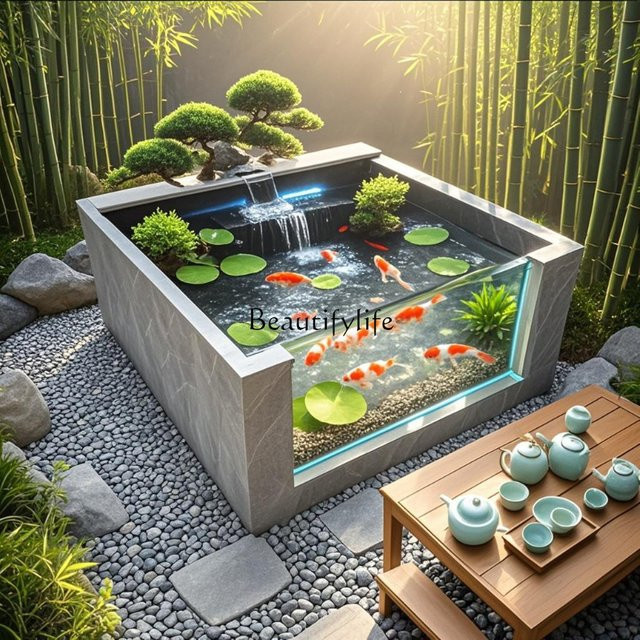 Quadratischer Koi-Teich aus Steinplatten mit integriertem Außenbalkon für deine Landschaftsgestaltung - Bild 1
