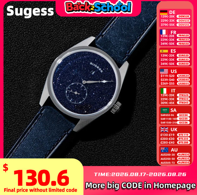 Sugess Armbanduhr Automatik, Edelstahl, Leder, Blau, Herren - Bild 1