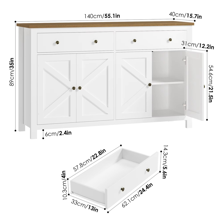 Getone Sideboard-Aufbewahrungsschrank in Weiß, moderner Küchenschrank für Wohnzimmer und Esszimmer, Breite: 140 cm - Bild 2