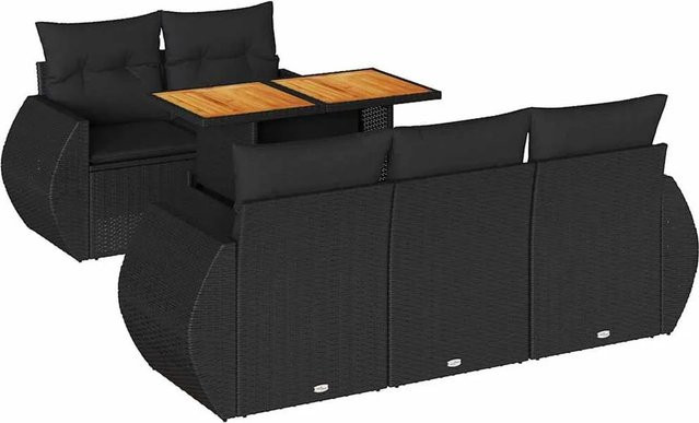 vidaXL 6-teilige Garten-Sofagarnitur aus Poly-Rattan und Akazienholz in Schwarz mit Kissen - Bild 1