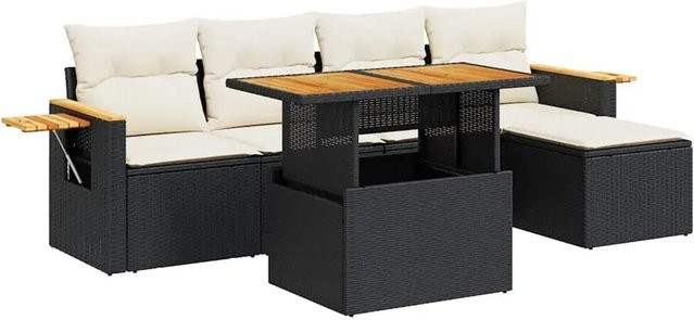 vidaXL 6-teilige Garten-Sofagarnitur aus Poly-Rattan und Akazienholz in Schwarz-Creme mit Kissen - Bild 1