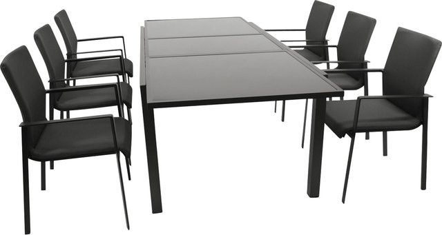 DEGAMO Gartenmöbel Garnitur TORINO 7-teilig aus Alu, Glas und Kunstgewebe in Grau, ausziehbarer rechteckiger Tisch - Bild 1