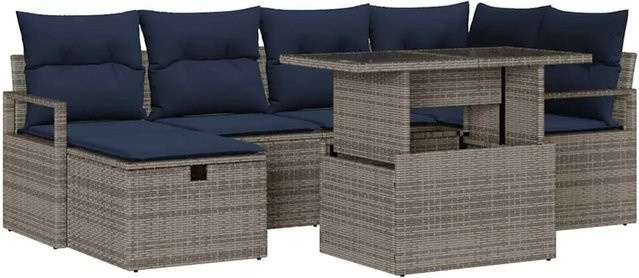 vidaXL Gartensofa-Set aus Poly-Rattan in L-Form, 7-teiliges Lounge-Set mit Kissen und Stauraum, Grau/Schwarz - Bild 1